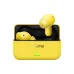 Realme wireless earbuds in yellow textured case with black interior, open lid showing earbuds and LED indicator light
