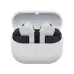 Open charging case of Samsung Galaxy Buds 3 FE in white showing earbuds upright with indicator lights.