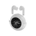 White Weofly LifeFits Earbuds shown above their round charging case with a clock-style design.