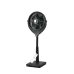 Black Pakhtun Louver fan on an adjustable stand with a white remote control resting on the base, on a black background.