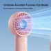 Close‑up front view of the Jisulife Life4 Mini Handheld Fan showing turbine fan blades with airflow illustration.