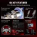 Promotional layout of PXN V10 Ultra Racing Wheel highlighting six key features including motor, pedals, and control hub.