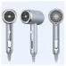 Three-angle view of XO CF2 Hair Dryer showing front grille, side buttons, and rear radial intake design.