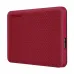 Front angled view of the Toshiba Canvio Advance 1TB USB 3.2 External HDD highlighting its textured red enclosure and slim design