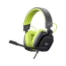 A front-angled view of the black and lime green Havit H2048U gaming headset with a microphone.