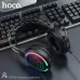 Hoco ESD03 Wired Gaming Headphone placed on keyboard desk setup highlighting colorful LED gaming style