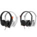 Front angled view of the Meetion MT‑HP003U Wired Headphone showing black and white variants with cushioned ear cups and headband design