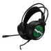 T-WOLF H130 black wired gaming headset displaying green LED lighting on the earcup, dual headband frame, and extended boom microphone.