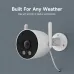 Rainy wall-mounted view of IMILAB EC3 Lite WiFi Camera showing weatherproof design with dual antennas and cable.