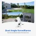 Split-feed view of IMILAB EC6 Dual WiFi Camera showing two live angles of yard and driveway with 360° rotation.