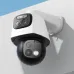 Outdoor view of Meari S7 Dual Plus WiFi camera installed under a roof during rain.