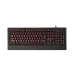 A top-down view of the black 1STPLAYER KT2 full-size mechanical keyboard with red backlighting on the keys.
