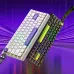 Promotional view of Furycube M68HE Keyboard showing white-purple and black-yellow RGB designs suspended against purple background.