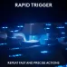 Close-up of Logitech PRO X TKL RAPID Keyboard keycap lifted showing blue backlit switch and rapid trigger feature.