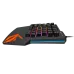 Front low-angle view of the Meetion MT-KB015 Left Handed Gaming Keyboard displaying raised keys and glowing side light strip.