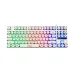 Angled front view of PC Power K87 RGB Wired Gaming Keyboard with Bangla featuring white round keys and pink-purple RGB lighting.