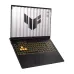ASUS TUF Gaming F16 FX608JMI laptop open with yellow backlit keyboard, highlighted WASD keys, and TUF logo display.