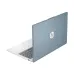 Partially open HP 15-fc0623AU Laptop with silver keyboard and matte lid featuring HP logo.