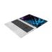 Tecno Megabook K15S laptop in silver, open at an angle showing full keyboard, large trackpad, and vibrant display.