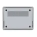 Bottom view of Megabook S14 laptop showing ventilation grill, rubber feet, and slim metallic chassis design