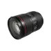 Angled view of Canon EF 24-105mm f/4L IS USM lens showing red L-series ring, front element, and side switches