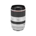 Side view of compact Canon RF 70-200mm f/2.8 L IS USM telephoto zoom lens standing vertically showing Canon 70-200 text