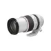 Angled view of Canon RF 70-200mm f/2.8 L IS USM lens extended with tripod collar foot and side control switches