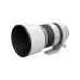 Angled view of white Canon RF 70-200mm f/2.8 L IS USM lens with attached round lens hood and tripod collar foot