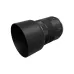 Angled view of Canon RF 85mm f/2 Macro IS STM lens fitted with black cylindrical lens hood and side switches