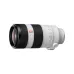 Angled side view of Sony FE 100-400mm f/4.5-5.6 GM OSS telephoto zoom lens showing control switches and front glass element