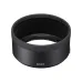 Perspective view of black round lens hood for Sony FE 50mm f/1.2 GM lens with Sony logo and interior lining