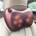 Car seat view of Car & Home Massage Pillow mounted on headrest with mesh cover, glowing nodes, and ON/OFF button.