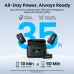 Promotional view of BWOO BO-MF03 wireless microphone showing battery life and charging information.