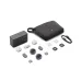 Flat lay of DJI Mic Mini 2 (2 TX + 1 RX + Charging Case) showing transmitters, receiver, case, cables, and accessories neatly arranged
