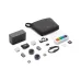 Flat lay of DJI Mic Mini 2 (2 TX + 1 RX + Charging Case) showing transmitters, receiver, case, cables, and accessories neatly arranged