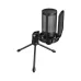 FIFINE AmpliGame A6V RGB USB Condenser Microphone with tripod stand, shock mount, and pop filter.
