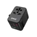 Angled view of the black BWOO BO-UC08 universal travel adapter with multiple outlets and two USB-A and one USB-C port.