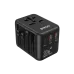Angled view of the black BWOO BO-UC08 universal travel adapter with UK, EU, US/AUS sliders, and multiple ports.