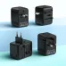 Four views of the black BWOO BO-UC08 universal travel adapter, showing US/AUS, EU, and UK plugs extended.