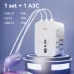 Angled view of Deli ET767 Travel Adapter multi-port hub with USB-C and USB-A outputs on illuminated platform.
