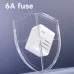 Front view of Deli ET767 Travel Adapter encased in shield graphic highlighting built-in 6A fuse protection.