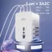Angled view of Deli ET768 Travel Adapter multi-port hub with USB-C and USB-A outputs on illuminated platform.