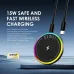 Magnetic 15W wireless charger with a black surface, multi-color RGB light ring, and a USB-C power cable.