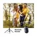 Tripod with Bluetooth remote capturing family photo outdoors, showing wireless control and hands-free shooting