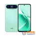 Helio 62 smartphone in mint green with dual front and rear camera view, vibrant display, and official warranty badge.