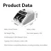 Perspective studio view of Deli ET903 Money Counting Machine highlighting specifications and dimensions.   