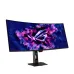 Mounted view of ASUS ROG Strix OLED XG34WCDMS Monitor with dynamic colorful ROG logo on immersive curved screen.