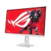 Front view of ASUS ROG Strix XG27ACMES-W Monitor displaying ROG logo and stylized robotic character on red screen.