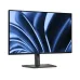 Front view of Dell P2726H Monitor with thin bezels on stand displaying abstract teal and silver swirl pattern.