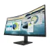 Front angled view of HP P34hc G4 Curved Monitor with curved screen showing analytical dashboards and scenic image.